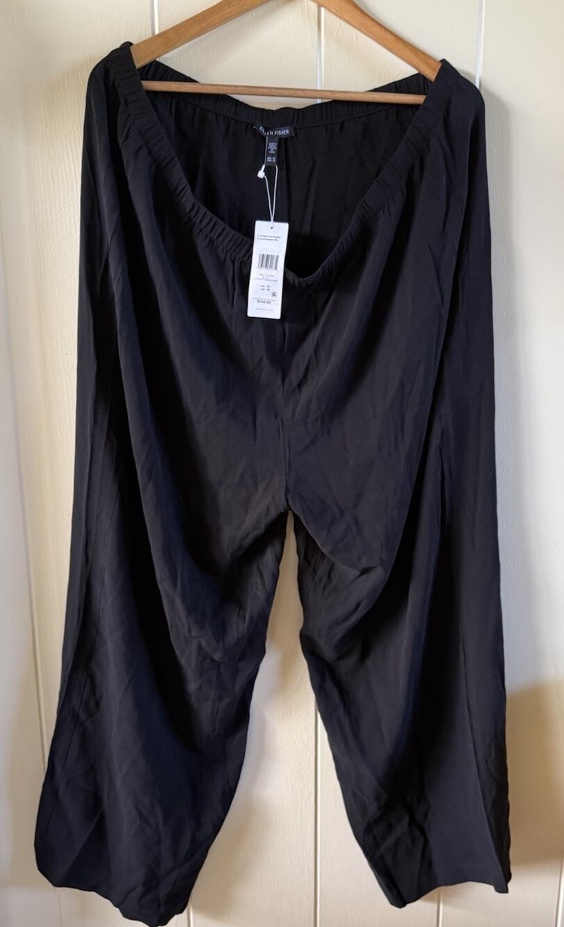 Eileen Fisher Women's 1X Plus Black Silk Pull On Pants Straight Ankle NWT